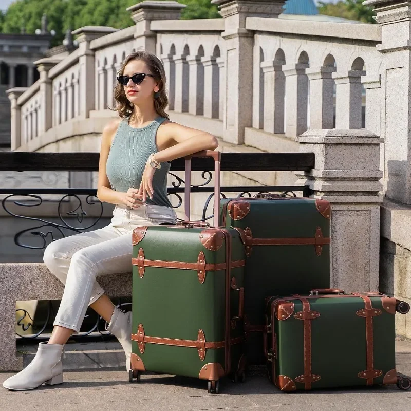 NZBZ Vintage Luggage Sets for Women, PU Leather Retro Suitcase, Vintage Trunk Luggage 3 Pieces, Vintage Suitcase Set