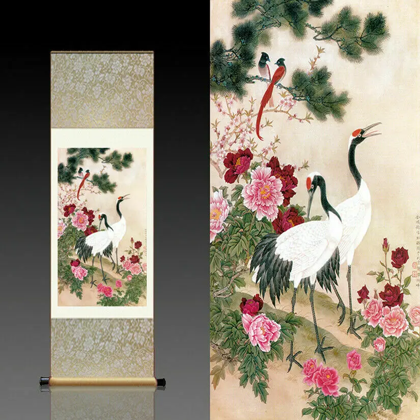 

Chinese Silk Scroll Painting Crane Home Office Decoration