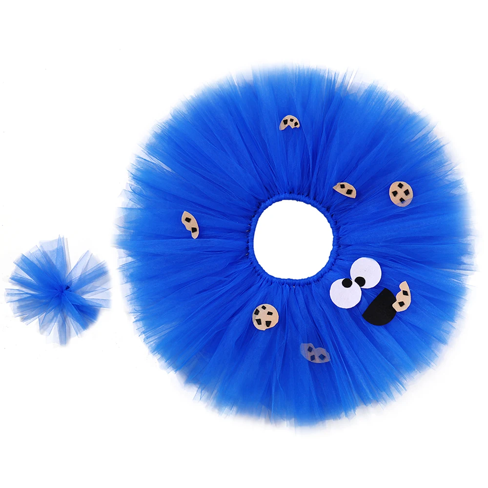 Ensemble de jupe tutu en tulle bleu moelleux pour filles, jupe de monstre de cookie, costume d'Halloween pour enfants, fête d'anniversaire pour enfants