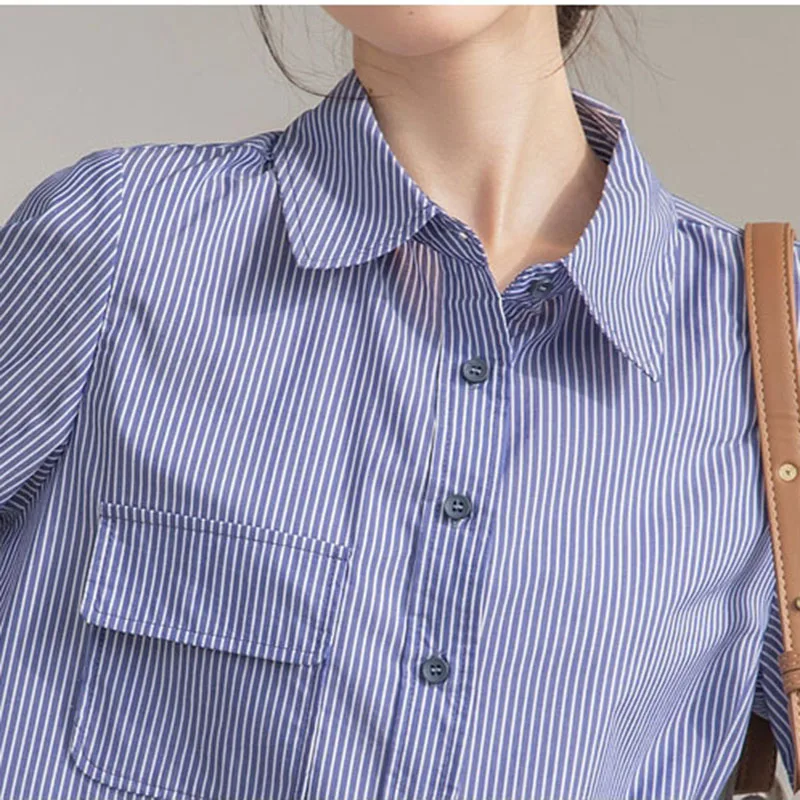 Blue Striped Short Sleeve Blouses For Women Summer Fashion OL Shirt Woman Clothing Turn-down Collar Loose Tops Camisas E Blusas