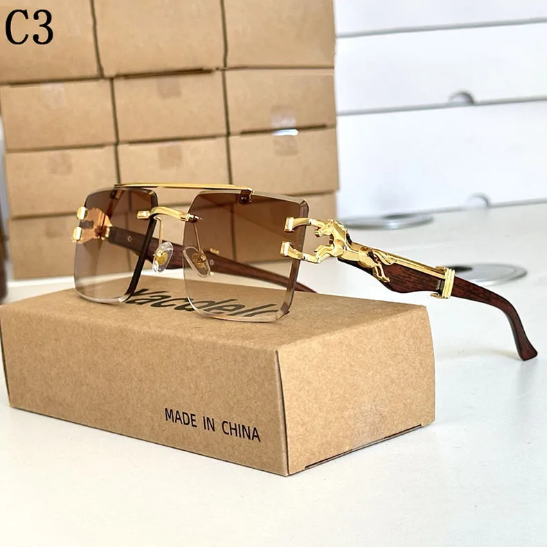 Holzmaserung Sonnenbrille Damen Trendy 2024 Randlose Sonnenbrille Herren Vintage Designer Mode-Brillen Lentes De Sol Mujer Zonnebril – Detail 3