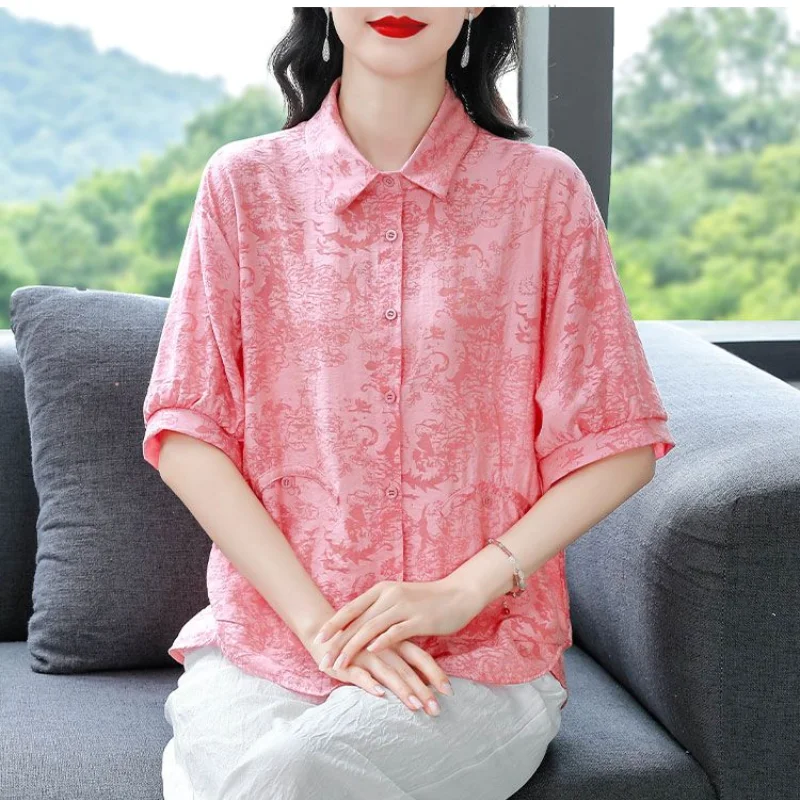 2024 New Summer Korean Fashion Elegant Minimalist Loose Blouses Thin Half Sleeves Polo Collar Printed Button Women\'s Shirt Top