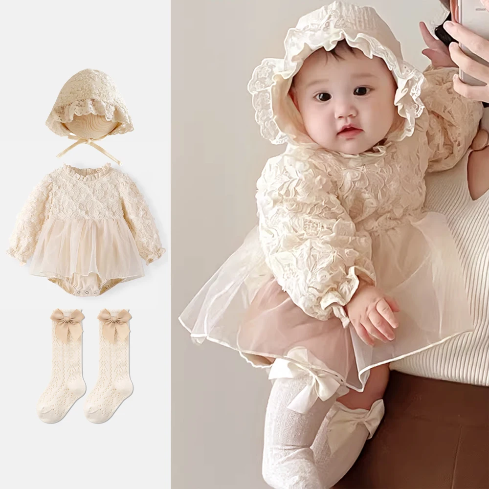 Autumn Solid Romper Princess Baby Girl Tutu Skirt Bodysuit Toddler Infant Waffle One Piece Lace Dress Hat socks 3pcs Part Outfit