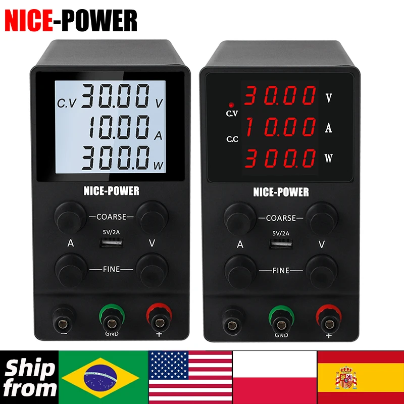 

NICE-POWER Adjustable DC Power Supply Variable Switching Regulated High Precision 4-Digits 5V/2A USB Port Test Lead Output 30V
