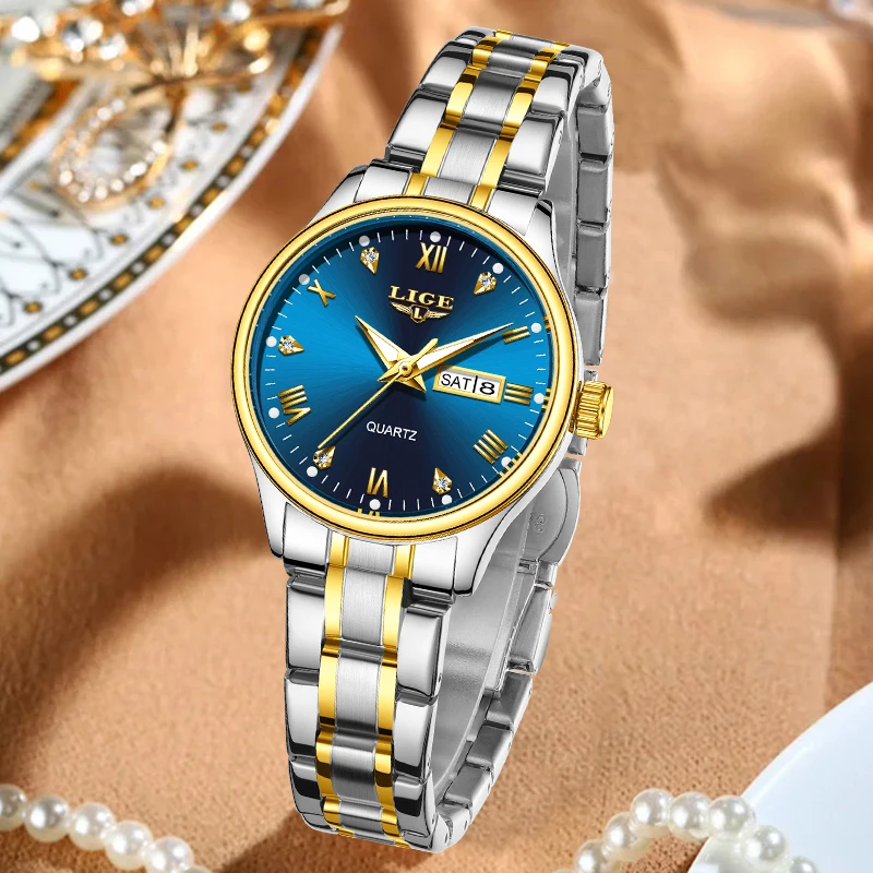 LIGE Fashion Elegant Women's Wristwatch Stainless Steel Belt Simple Casual Ladies Waterproof Luminous Weeks Date Watch for Woman