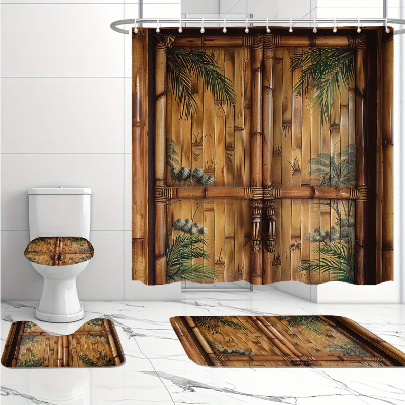 4pcs Bamboo Door Pattern Modern Bathroom Decoration, Polyester Bathroom Set with 12 Hooks, Bathroom Non-slip Floor Mat, Toilet