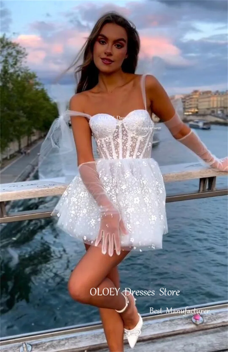 OLOEY Princess Mini Short Wedding Dresses Straps Adjustble Sweetheart Bride Dress 3D Flowers With Gloves Robe de mariage