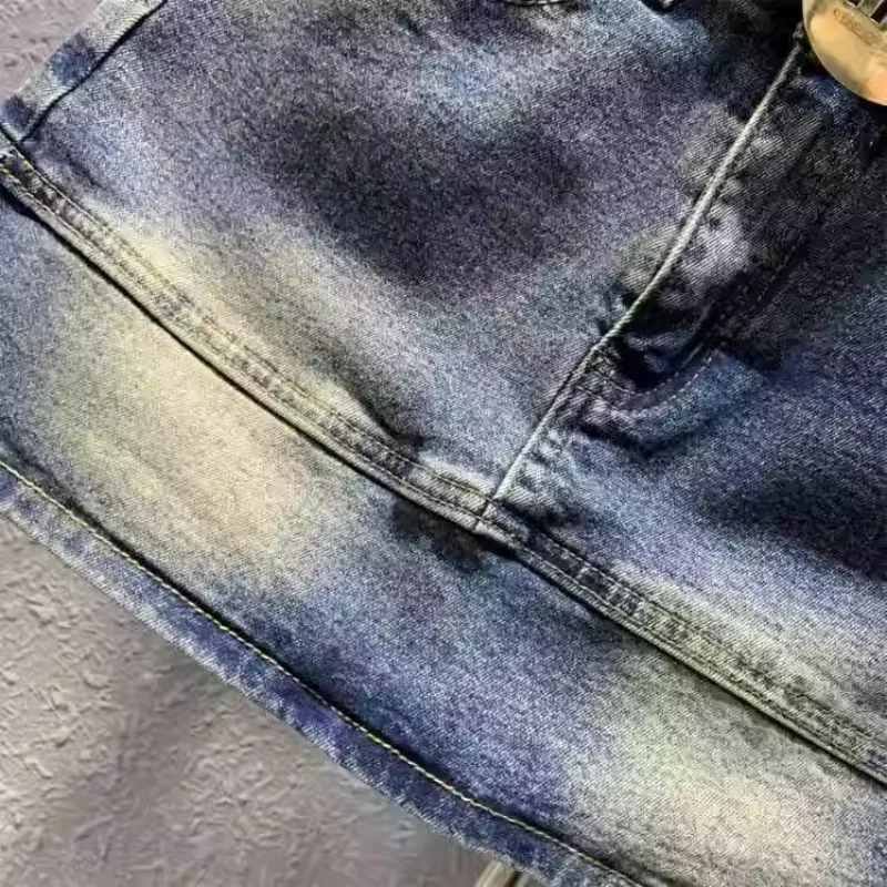 夏の新デニムスカート女性の 2025 レトロオールドハイウエスト一言抗光ミニスカート