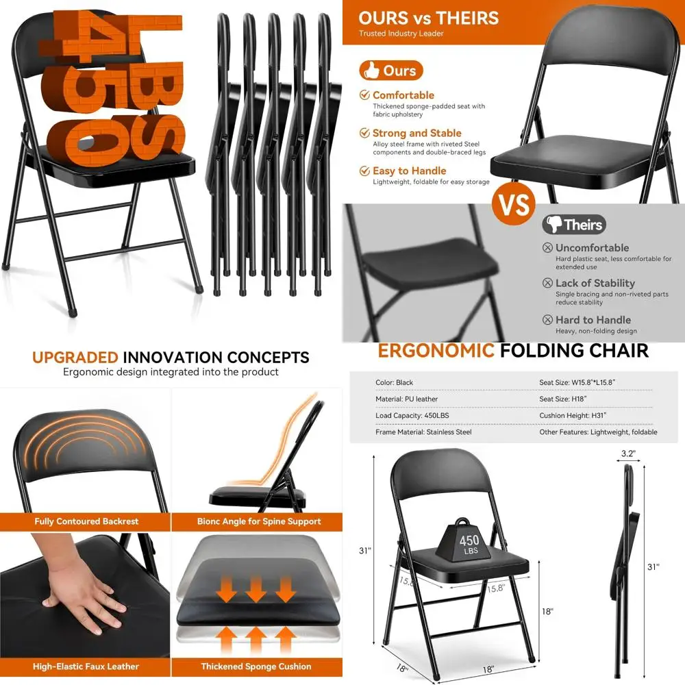 

Heavy-Duty Metal Folding Chairs with Cushioned Seats - 450lb Capacity, Comfortable and Sturdy for Outdoor and Indoor Use