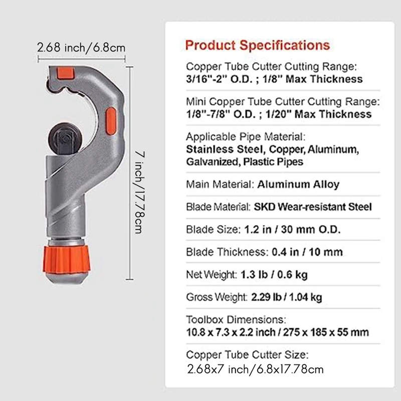 3 Piece Heavy Duty Pipe Cutter Set 3/16-2Inch O.D. Copper Pipe Cutter,1/8-7/8Inch O.D. Fit For Copper,Aluminum