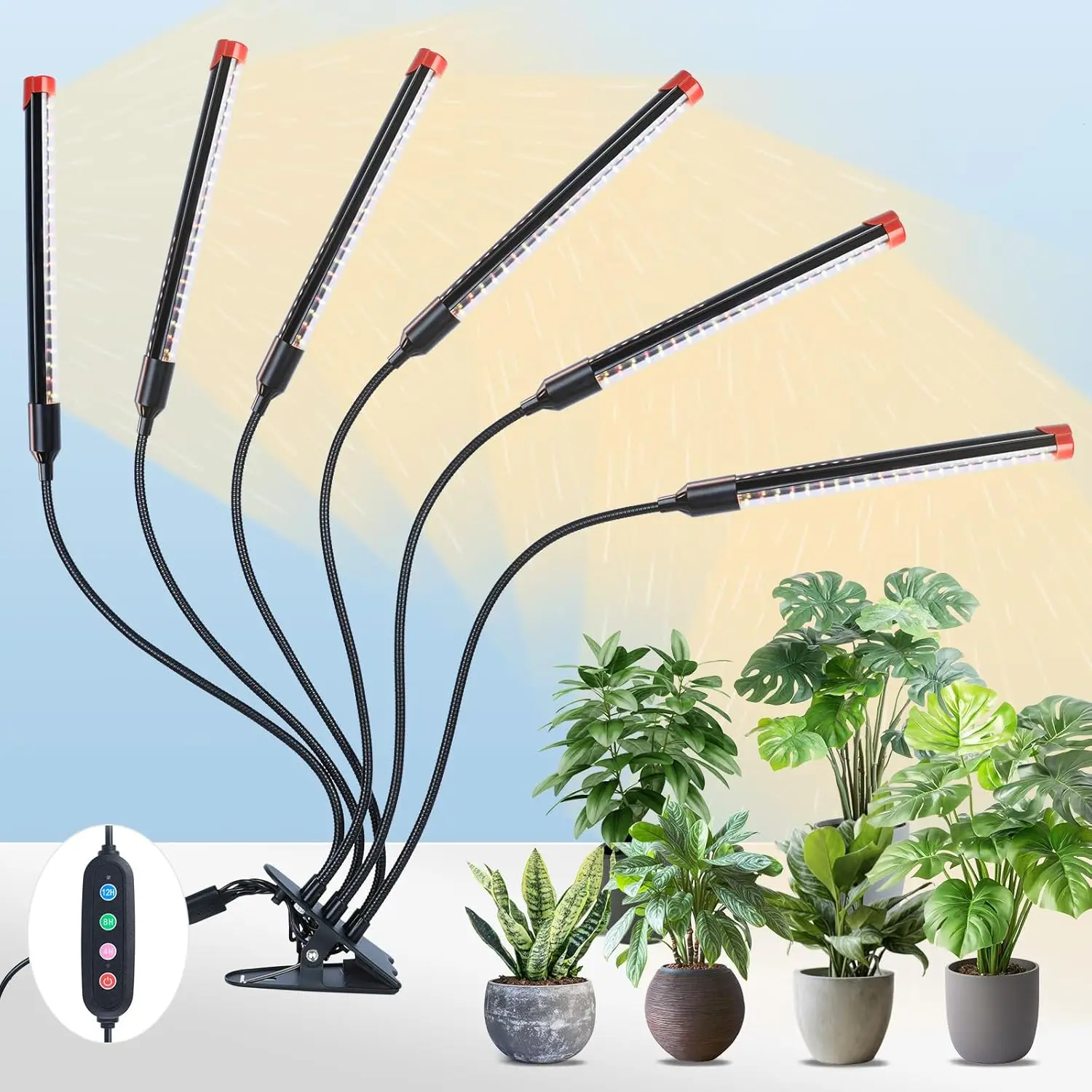 

54W LED Grow Light with Timer, No Adapter Needed, 6-Head Clip Lamp for Indoor Plants, Bonsai & Seed Starting