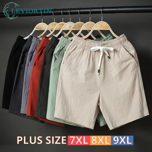 Pantalones cortos lisos de verano para hombre, pantalones cortos de lino de Color sólido, pantalones cortos informales de lino transpirables de talla grande 7XL 8XL 9XL de verano para hombre