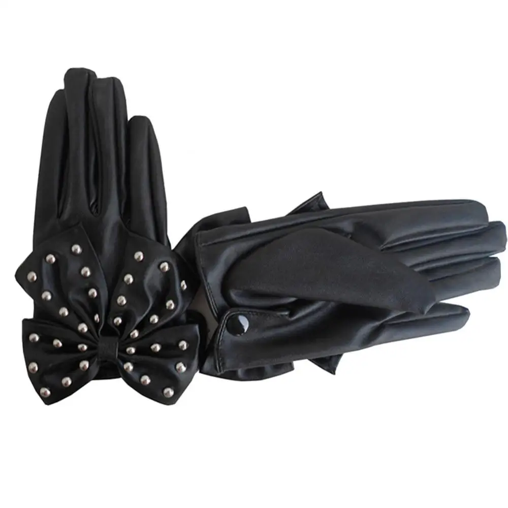 Fashion Motorcycle Women Gloves Rivets Big Bow Solid Color Faux Leather Outdoor Gloves Full Finger Durable Mittens