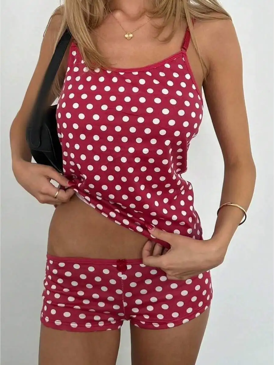 Women Polka Dot Camisole And Shorts Set Elastic Waist Sleepwear Loungewear
