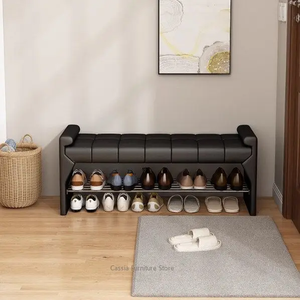 High-End Leather Shoe Bench for Entryway, Long Seat with Storage for Bedroom, Rustic Modern Hallway Organizer for Home Doorway