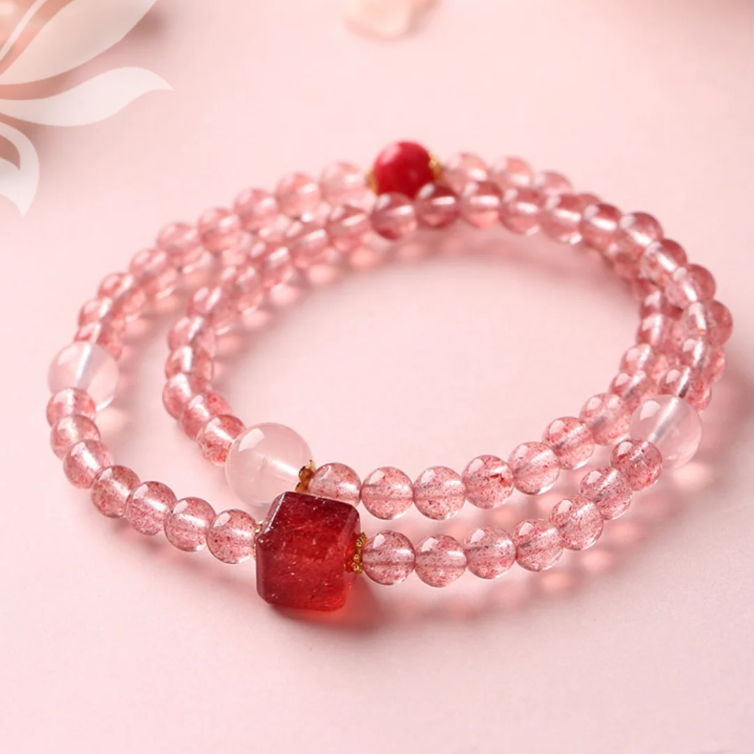 

DUTRIEUX Pink Crystal Strawberry Quartz Natural Bracelet for Women Simple Good luck Peach blossom Bracelet Lucky Jewelry Gifts