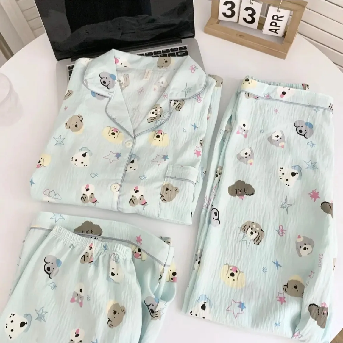 Spring Summer Women Cotton Comfortable Pajama 3pcs/set Lady Short Sleeves Loose Loungewear Girls Cute Cartoon Homewear Sets