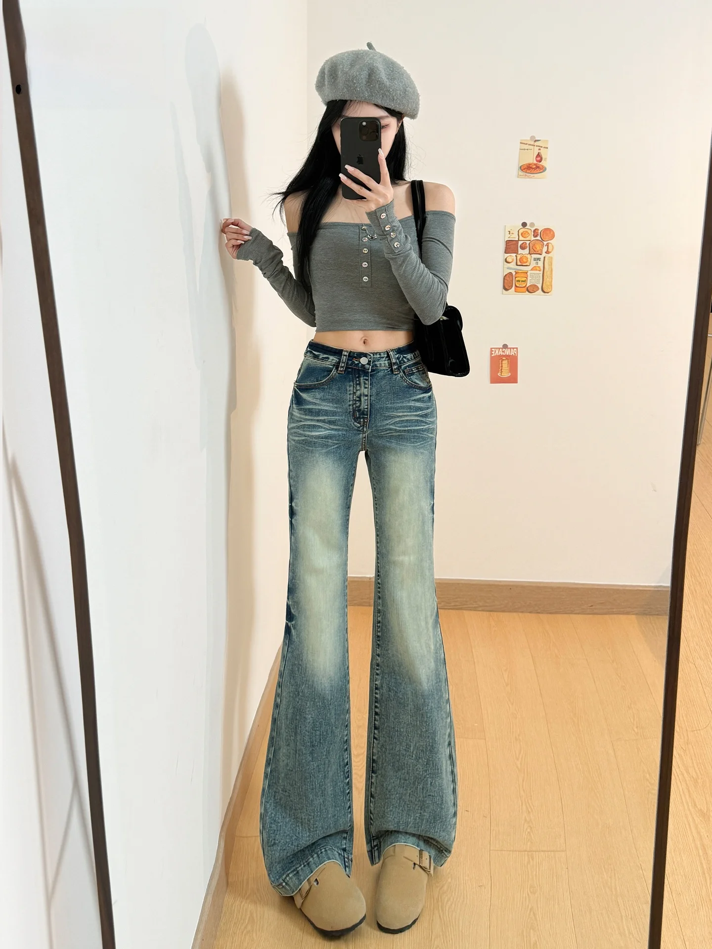 

Женские джинсы-клеш в американском ретро-стиле, свободные, весенне-летние, с эффектом потертости, повседневные, из хлопка, полиэстера и спандекса