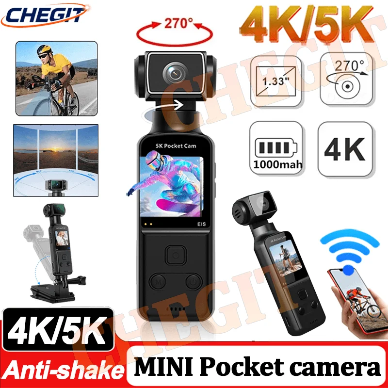

Портативная ручная экшн-камера 5K/4K EIS 270 ° Вращающаяся карманная спортивная камера с экраном 1,3 дюйма, Wi-Fi, записывающее устройство для путешествий и велосипеда