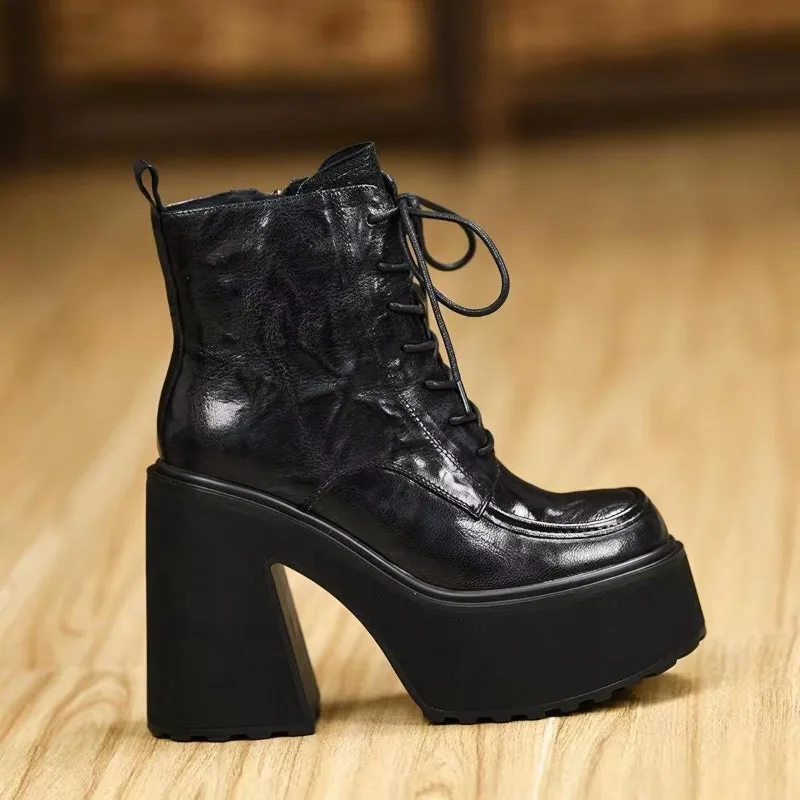 Platform Comfortable Soft Leather Booties New Round Toe Lace-Up Front Super High Heel All-match Women's Shoes - view 4