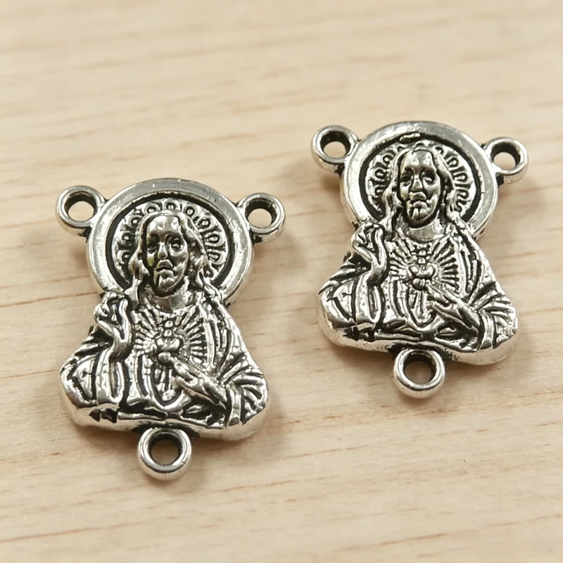 120 Stück Antik-Silberfarbene Heiliges Herz Jesu Rosenkranz-Mittelstücke 3-Loch-Verbinder 20x15x4MM DIY Schmuckherstellung # 4462 – Detail 1