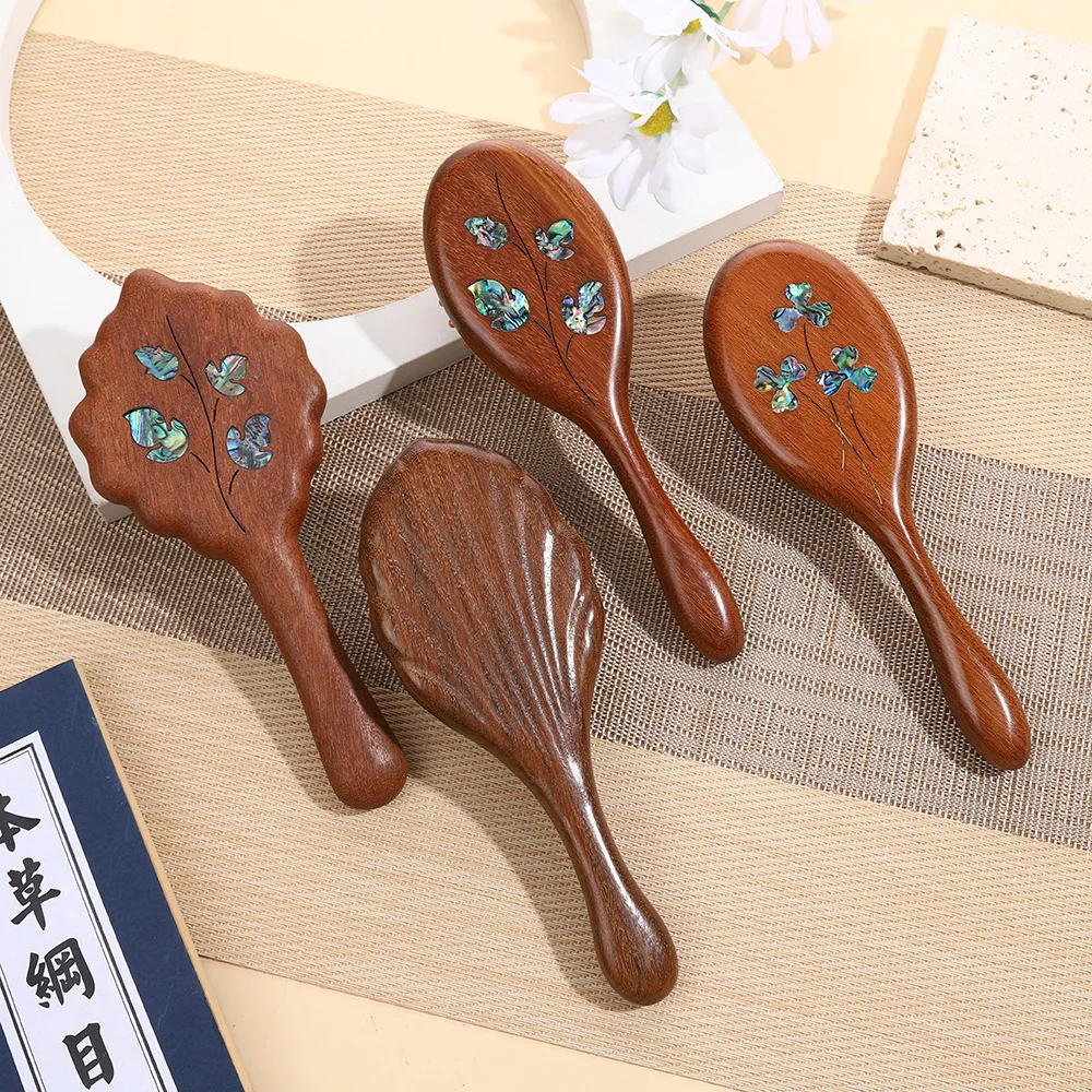 Wooden Hair Brush with Shell Inlay Natural Wooden Scalp Massage Air Cushion Comb Anti-static Hair Comb Suitable for Curly Hair