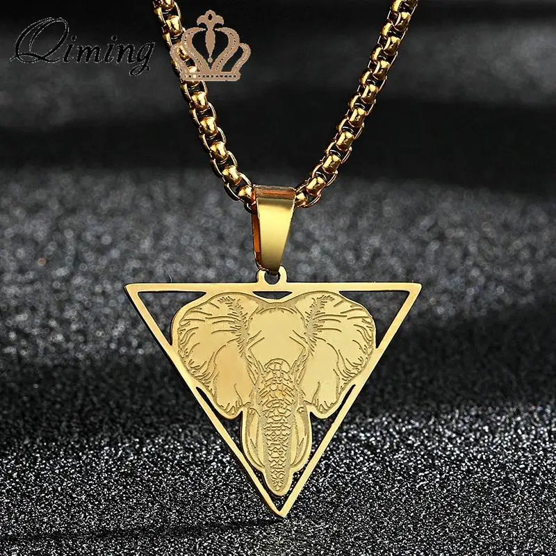 QIMING Triangle Elephant Head Necklace For Men Women Thailand Amulet Stainless Steel Cute Animal Pendant Necklace Jewelry