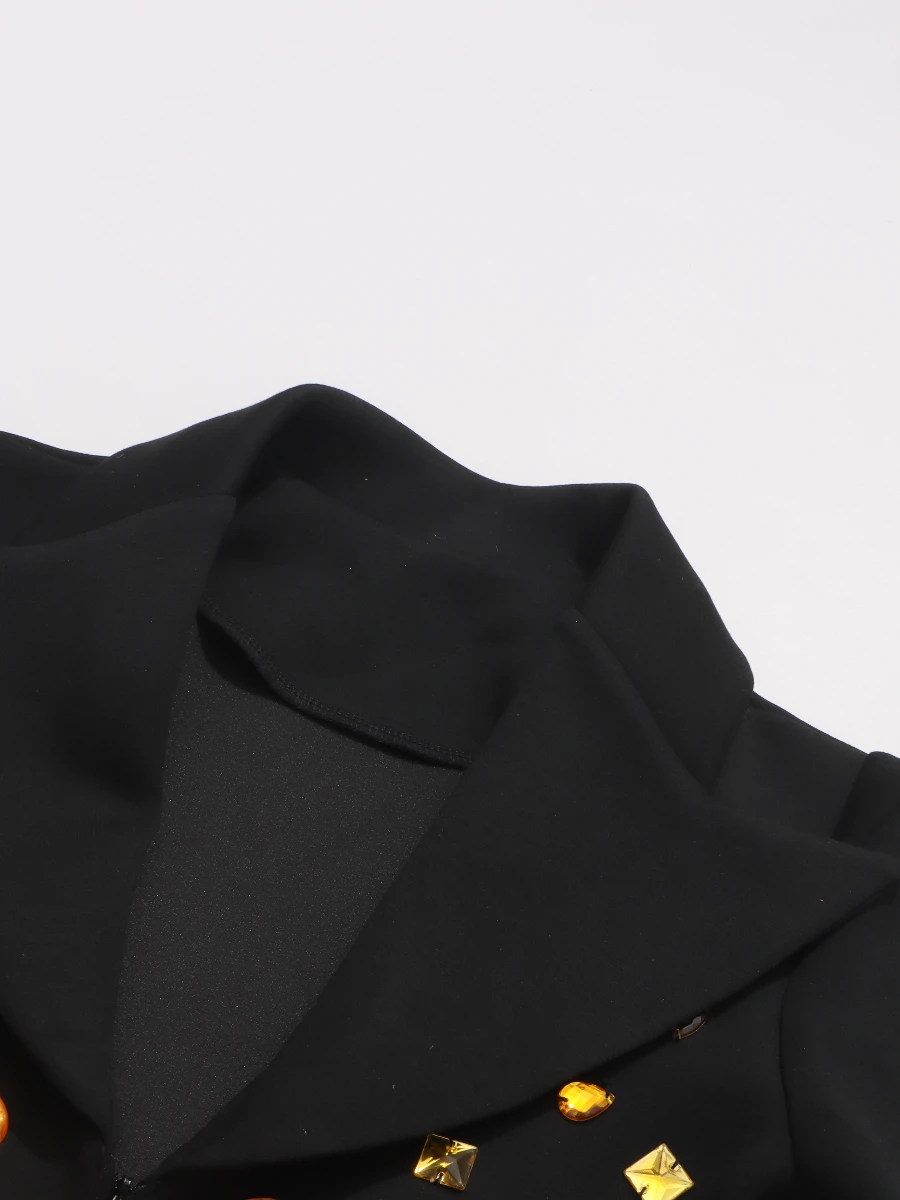 معطف كوكتيل رسمي مقسم بسحاب أمامي من VGH للنساء مع طية صدر السترة وأكمام طويلة مرقعة بأحجار الراين الصفراء سترات نسائية فاخرة #5