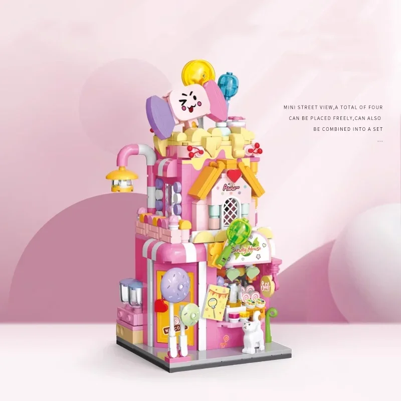 Bunte Straßenszene Bausteine Candy House Bistro Szene Modell Puzzle Zusammenbau Kinderspielzeug Geburtstagsgeschenk Dekorationen