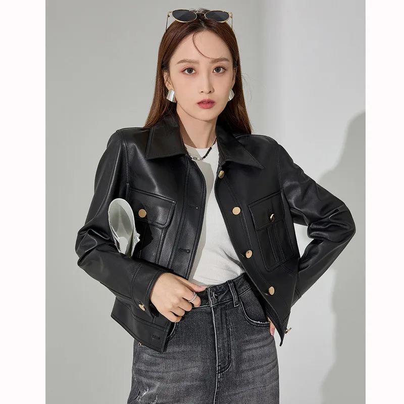 High Cargo Sheepskin Genuine Leather Leather Clothes Women Spring  New Motorcycle Model Sheepskin Jacket Women's Cropped Coat