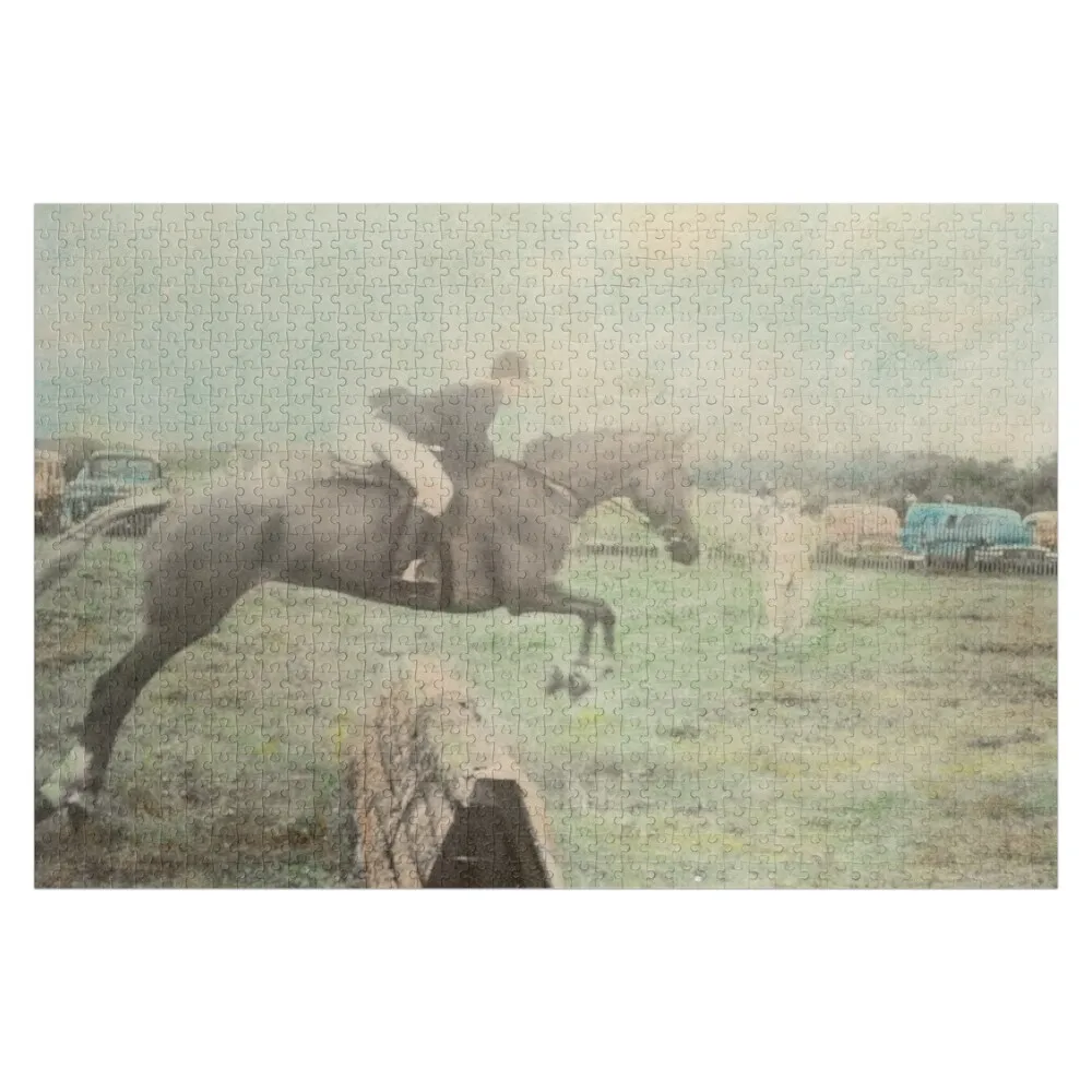 Vintage Photo Tinted Jumping Horse at Horse Show Old Cars Jigsaw Puzzle Personalized Toy Personalized Gifts Puzzle