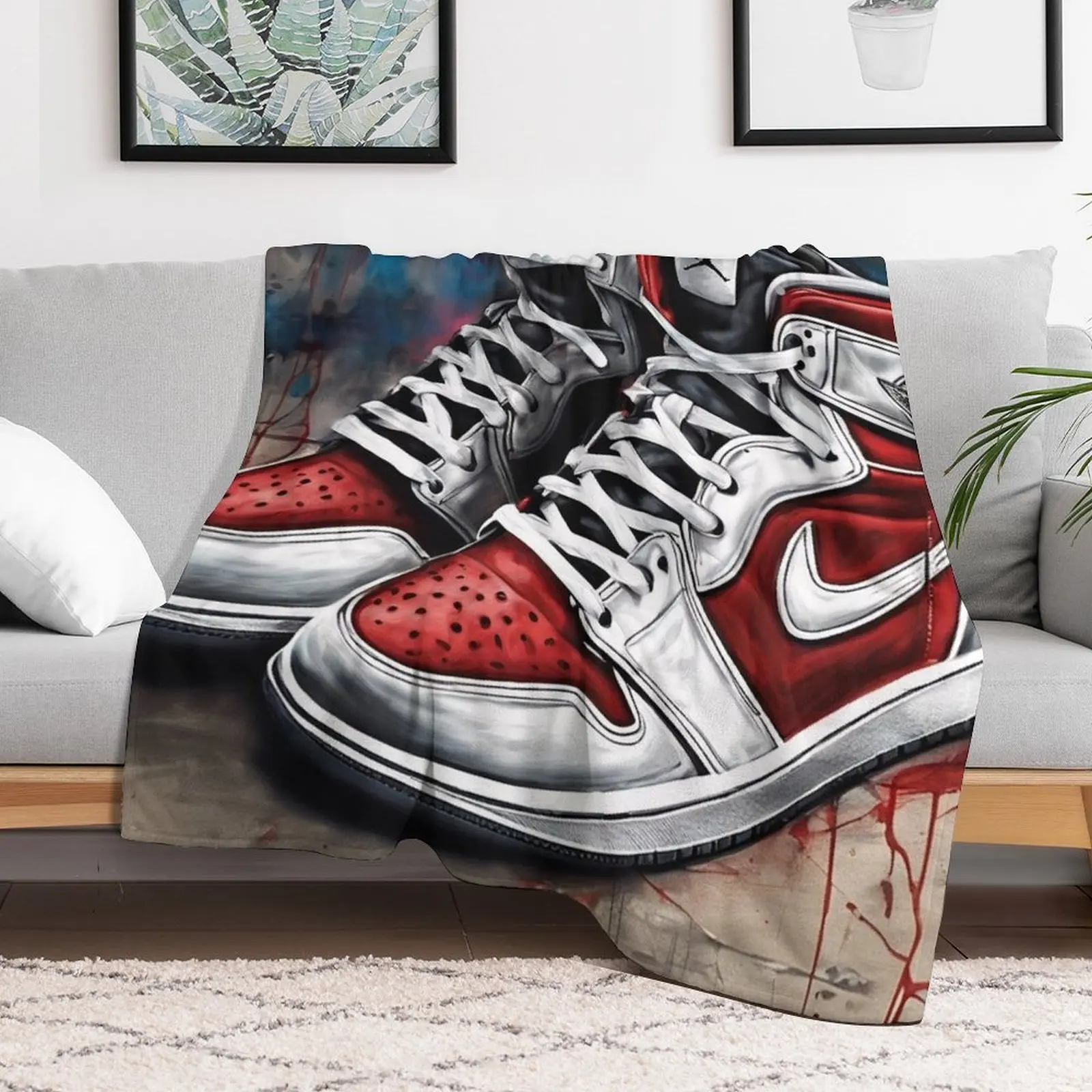 Red Jordan 1 Sneakers with Vibrant Spray Painted Background Art Throw Blanket For Decorative Sofa Luxury Designer Blankets