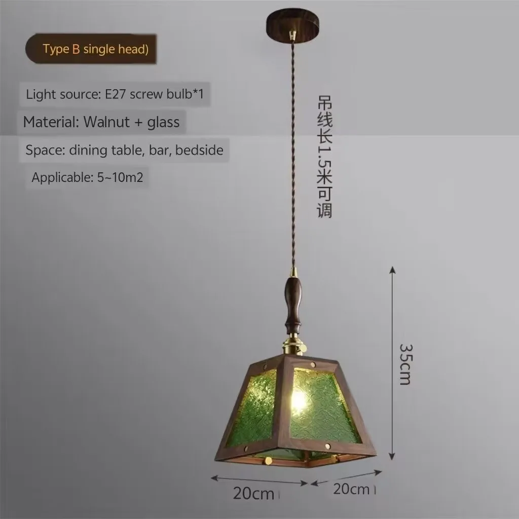 

Colorful peony flower glass solid wood pendant lamp, walnut wood bar counter dining room pendant lamp, bedside atmosphere lamp