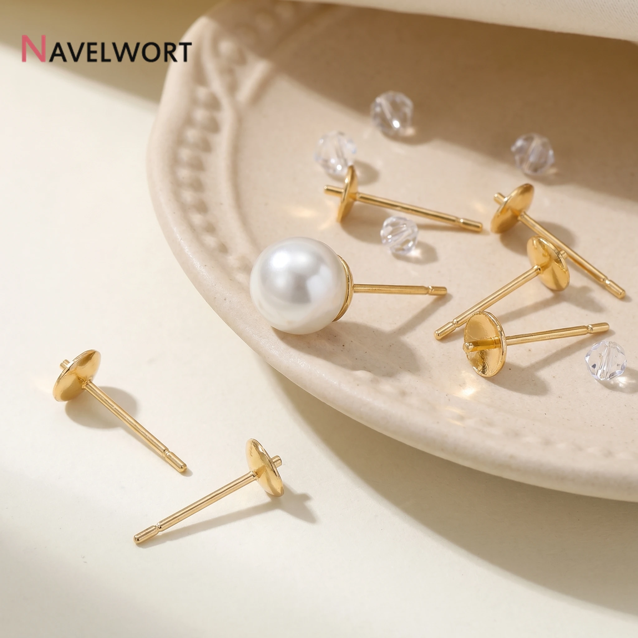10/30/50Pcs 14K Gold Plated Brass Metal Round Earring Post Stud With Pearl Base, For Earring Making Accessories