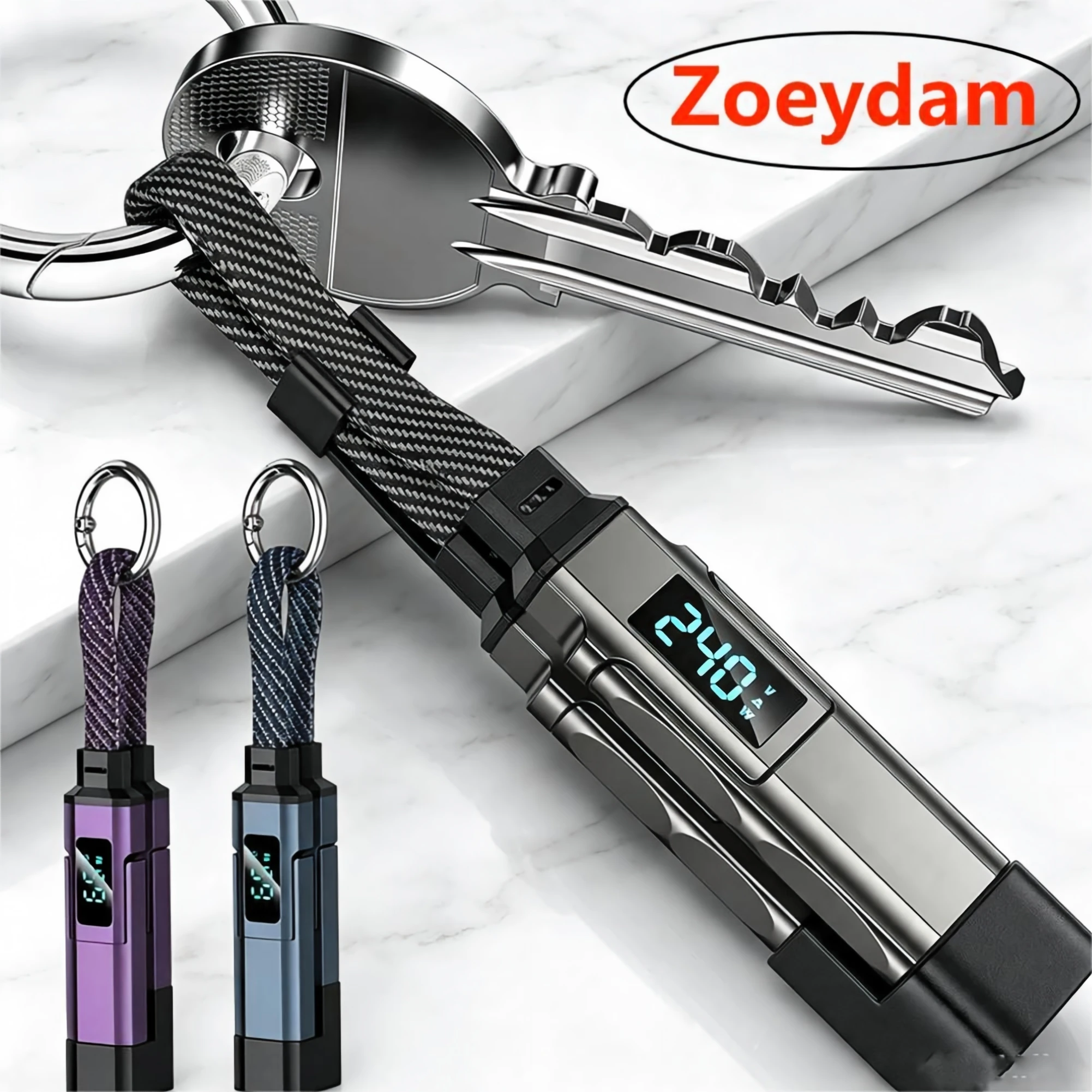 4 in 1 65W Keychain Charging Cable USB C Cable with V/A/W Display Type C for Apple Portable Cord for IPhone/iPad/Samsung/Laptop