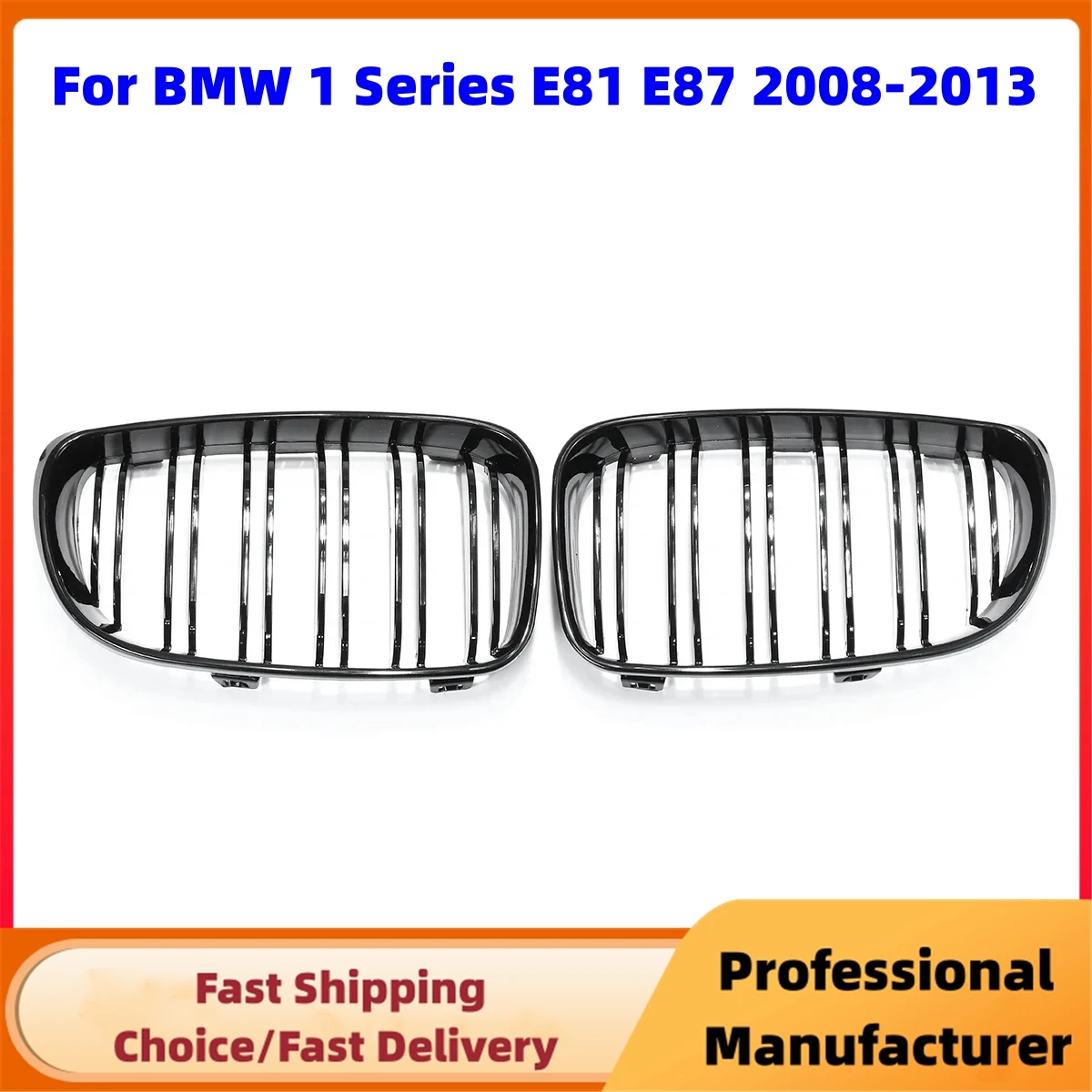 For BMW E81 E87 1-Series 128i 130i 135i 2004-2013 Front Bumper Kidney Grille 1Pair Double Slat Racing Grill Glossy Black Grille