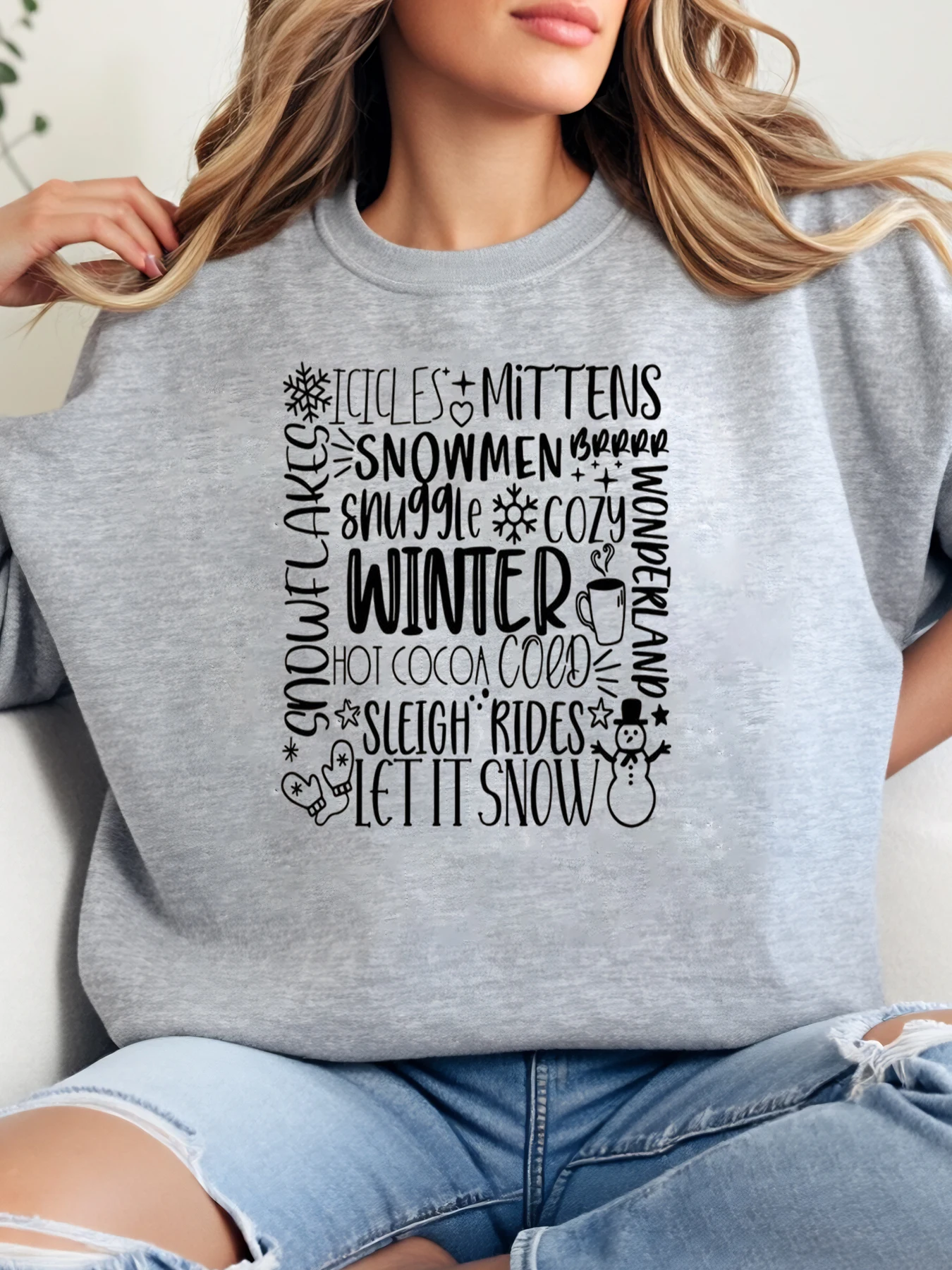 

Зимняя рождественская толстовка с круглым вырезом и принтом слов и значков, женская уютная праздничная одежда, серая, больших размеров