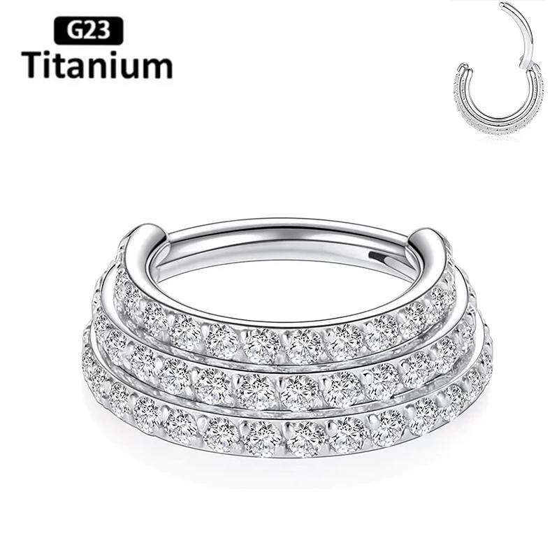 G23 Titanium Piercing Earrings Three Row Zircon Clicker Hight Segment Nose Rings Septum Conch Tragus Ear Nose Helix Piercing 16G