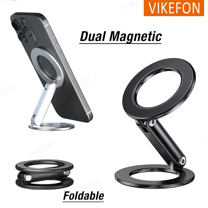 

180° Rotate Dual Magnetic Car Phone Holder Foldable Desktop Smartphone Stand For Magsafe iPhone 16-12 Max Pro Mount Gift 2*Ring