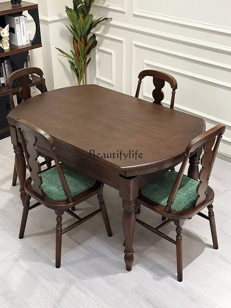

04ld14 American-style Solid Wood Extendable Dining Table Multi-functional Round Table Small Apartment