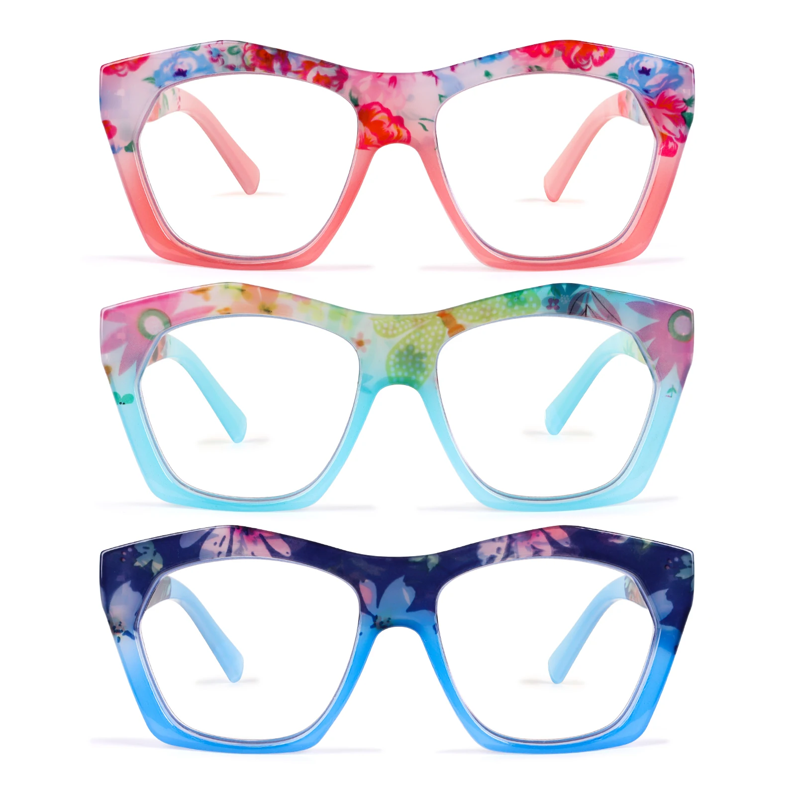3 Pack Floral Print Cat Eye Anti Blue Light Glasses for Women Spring Hinge Square Computer Eyewear Decorative Optical Frame