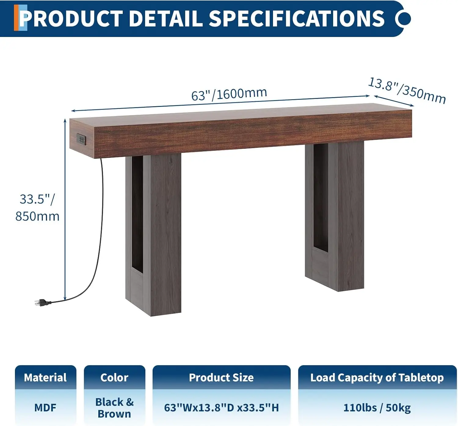 63-Inch Long Console Table, Farmhouse Wood Sofa Table Behind Couch Tables, USB & Type c Ports, Entryway Table Accent Table for Living Room, Entrance, Hallway image 7