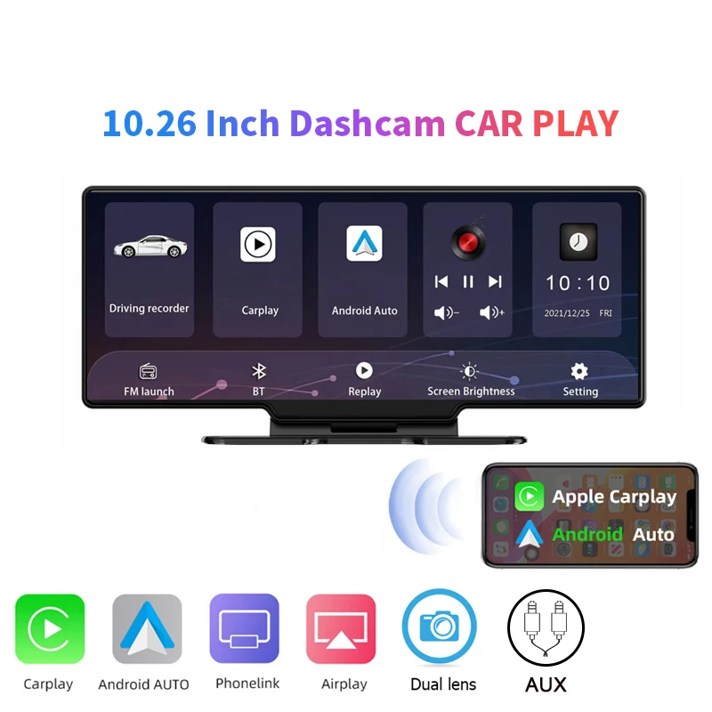 10.26 Inch 4k Dashcam Wireless CarPlay Android Auto airplay GPS navigation multimedia audio AUX Car DVR Dash board camera