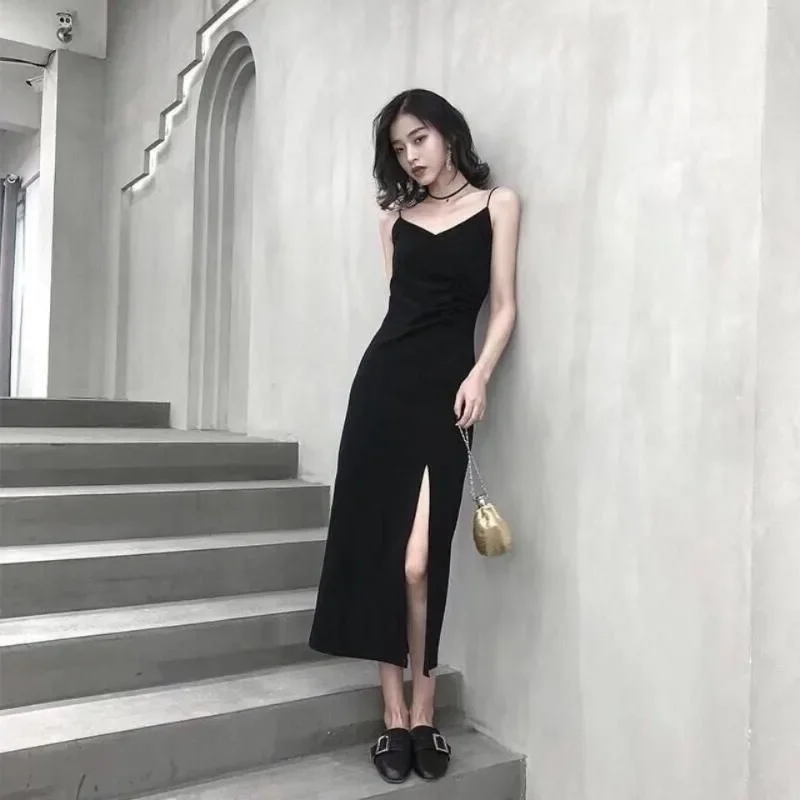 

Sexy Black Strapless French Dresses for Women 2024 New Arrival Hepburn Style Split Long Dress