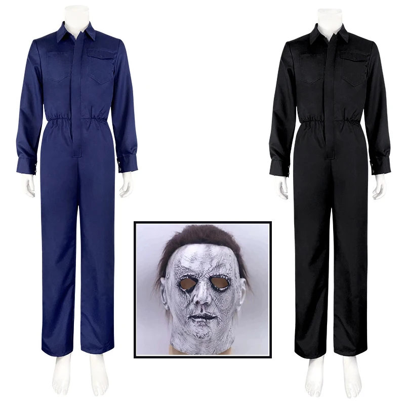 Halloween Michael Myers Killer Cosplay Costume Men's Blue Jumpsuit Work Clothes Horror Scary Mask Uniform Outfit Role Play Suits