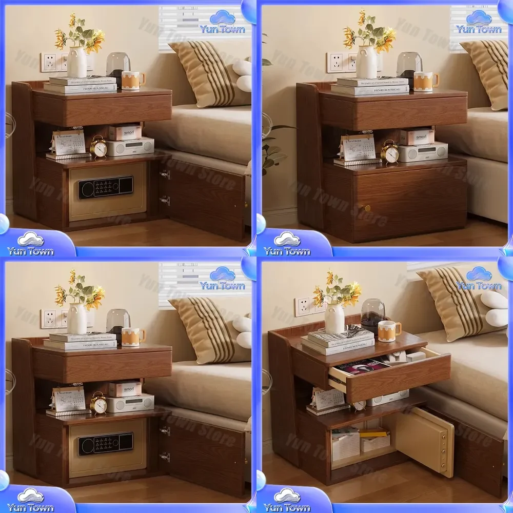 Solid Wood Bedside Table with Integrated Fingerprint Password Safe for Household Use Simple Design Nightstand Cabinet