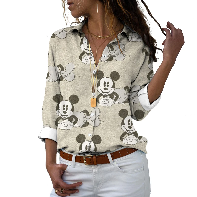 Camisa estampada feminina Minnie Cartoon, manga comprida, lapela, fofa, casual, moda de rua, Harajuku, Novo, 2024