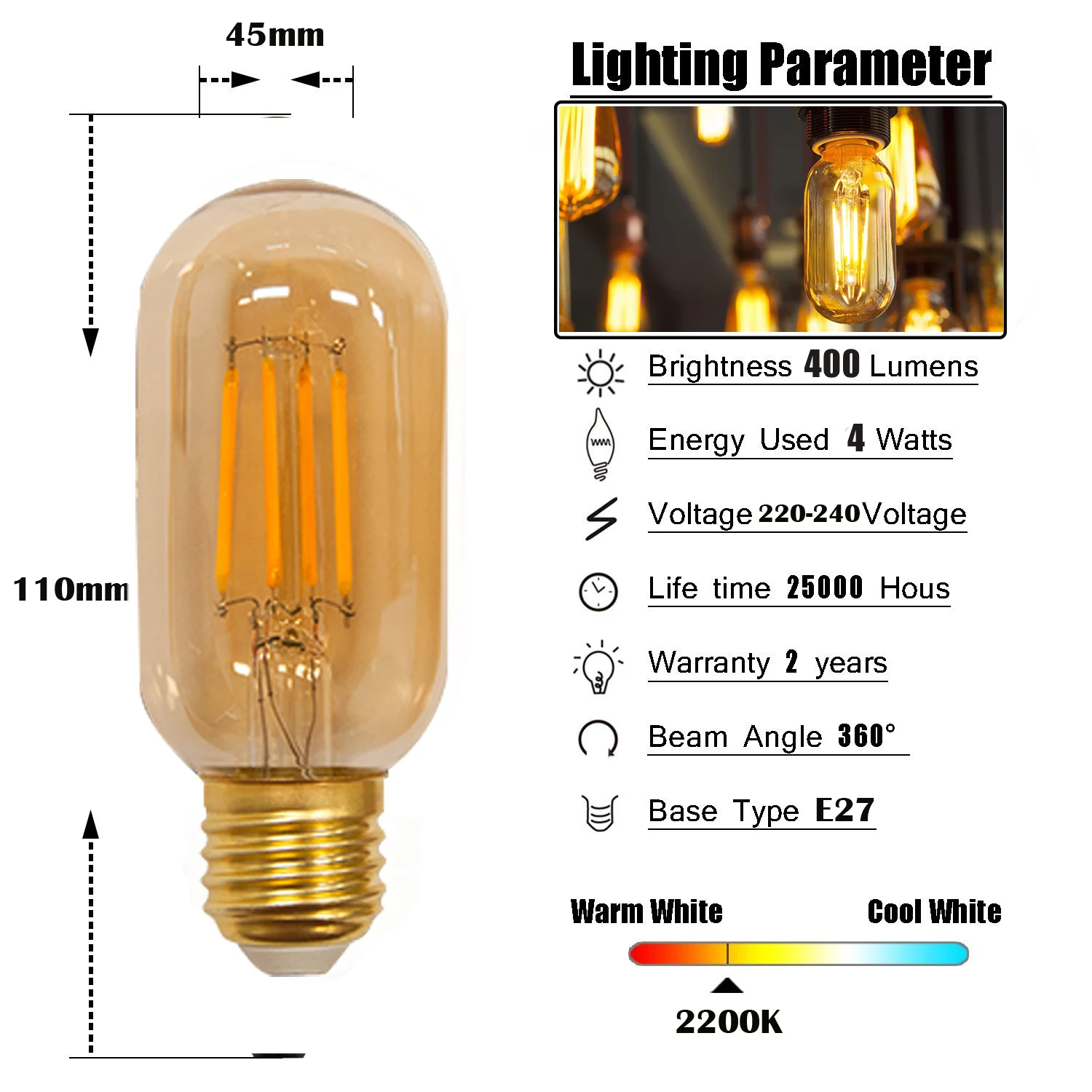 Bombilla de filamento LED Vintage Edison T45, 4W, 6W, E27, 40W, bombillas tubulares iguales, Bombilla de repuesto para candelabro, decoración de Navidad