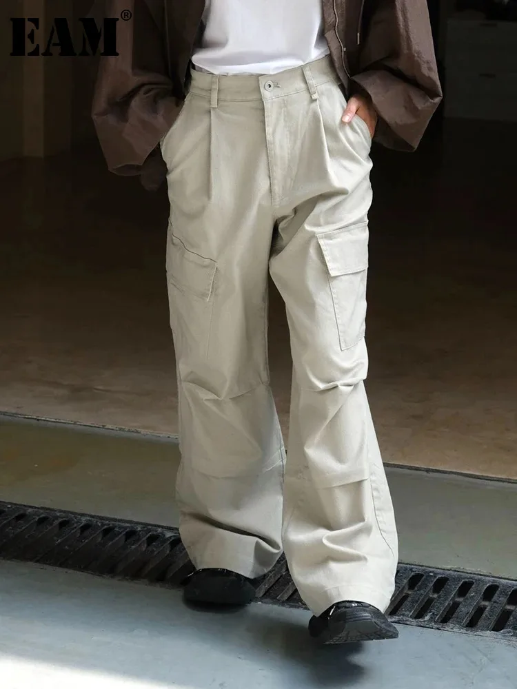 

[EAM] High Waist Apricot Blue Pockets Long Casual Cargo Pants New Trousers Women Fashion Tide Spring Autumn 2024 1DH6686