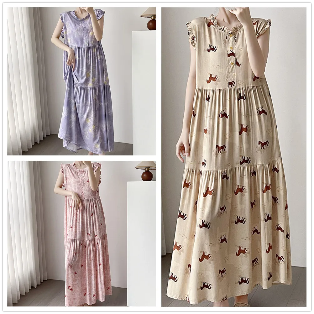 

Sleepwear Women's Sleeveless Summer Night Dress Woman Vintage Printed Nightgown Loose Ladies Nightie